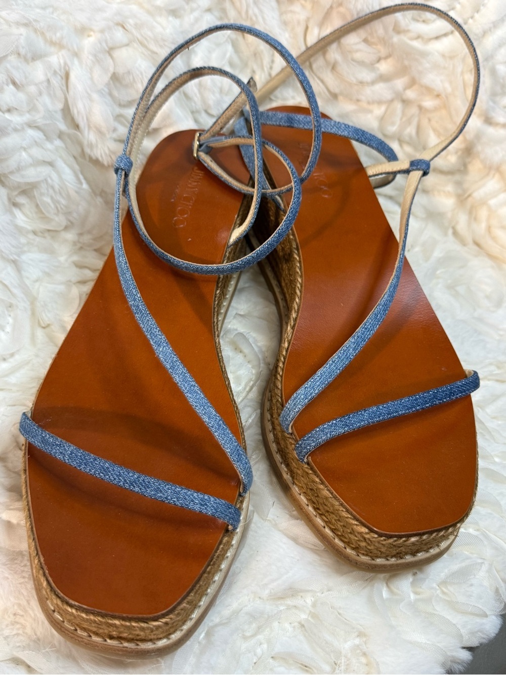 Jimmy Choo Blue Denim Tie-Strap Wedge Sandals